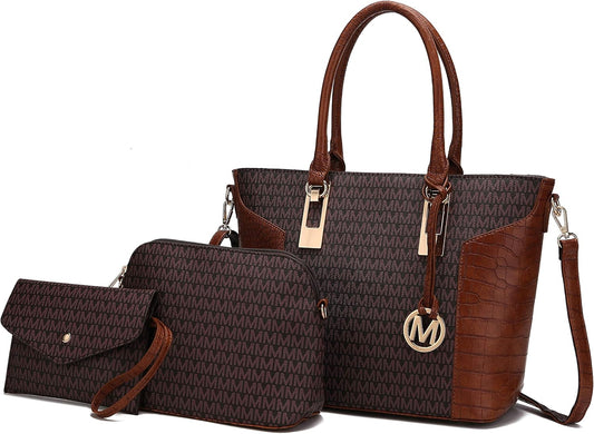 MKF Collection Shoulder Bag for Women, Crossbody Purse & Wristlet: PU Leather Satchel Pocketbook 3 PCs Handbag Set