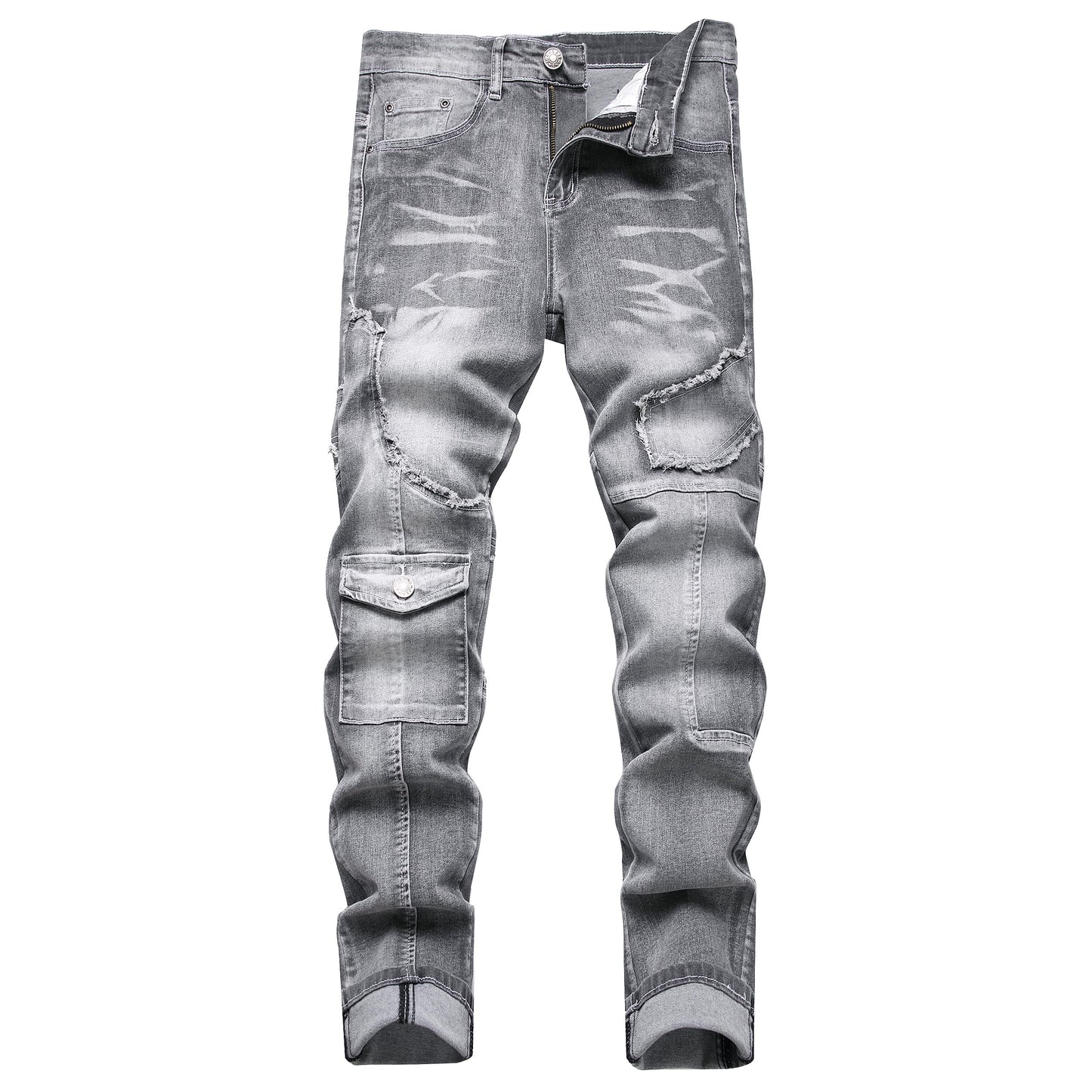 XIMXIMMTIAN Men's Biker Moto Washed Distressed Slim Fit Straight Jeans Denim