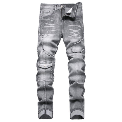 XIMXIMMTIAN Men's Biker Moto Washed Distressed Slim Fit Straight Jeans Denim