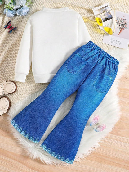 Toddler Girl Clothes Long Sleeve Cartoon & Letter Graphic Top + Fruit Stationery Print Flared Leg Pants