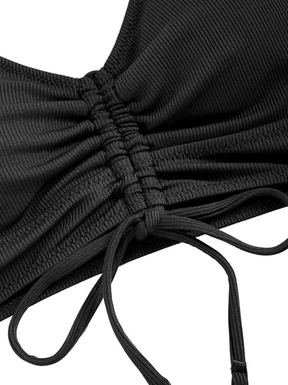 ZAFUL Women V Neck Bikini Set Ruched Tie Front High Waisted Floral Print Ribbed 2 Piece Bathing Suit Swimsuits