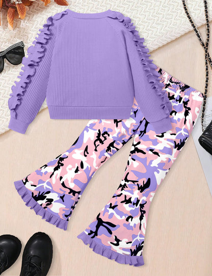 Toddler Girl Clothes Camo Girls Outfits Ruffle Sleeve Tops + Bell Bottom Flared Pants 2 Piece Winter Sweatsuit 2-10T