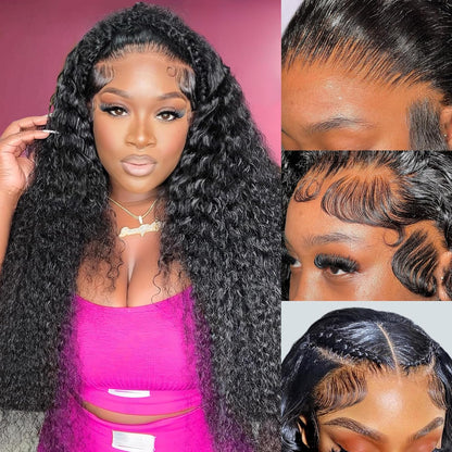 20Inch Deep Wave Lace Front Wigs Human Hair-13x4 HD Transparent Deep Wave Frontal Wigs Human Hair Glueless Curly Wigs for Women 200% Density Curly Lace Front Human Hair Pre Plucked with Baby Hair