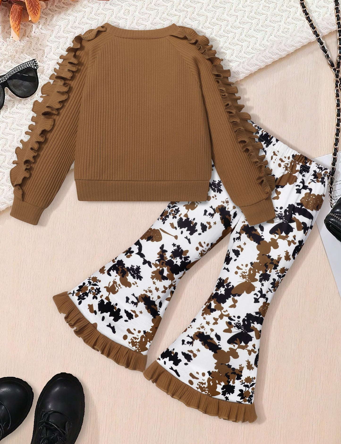 Toddler Girl Clothes Camo Girls Outfits Ruffle Sleeve Tops + Bell Bottom Flared Pants 2 Piece Winter Sweatsuit 2-10T