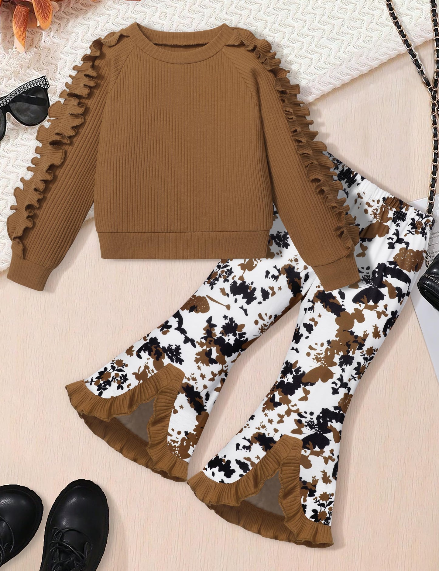 Toddler Girl Clothes Camo Girls Outfits Ruffle Sleeve Tops + Bell Bottom Flared Pants 2 Piece Winter Sweatsuit 2-10T