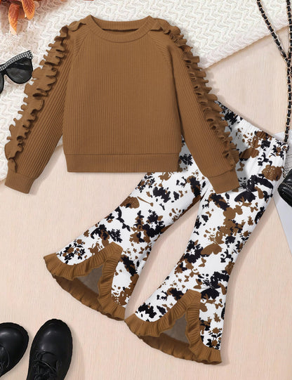 Toddler Girl Clothes Camo Girls Outfits Ruffle Sleeve Tops + Bell Bottom Flared Pants 2 Piece Winter Sweatsuit 2-10T