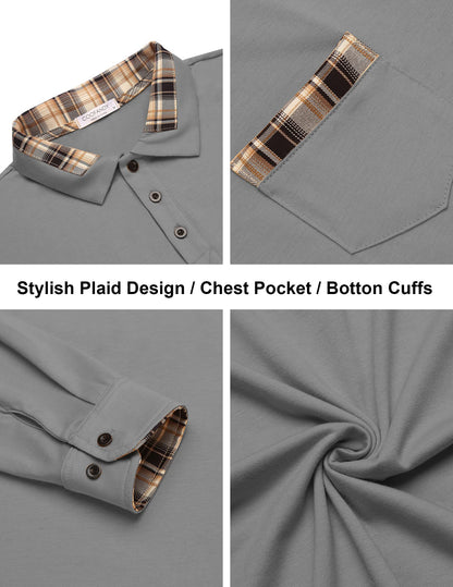 COOFANDY Men's Casual Polo Shirt Long Sleeve Classic Plaid Button Tees with Pockets