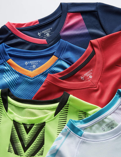 5 Pack Boys Athletic Shirts, Youth Activewear Dry Fit Tshirts for Kids, Short Sleeve Tees, Bulk Athletic Performance Clothing