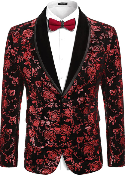 COOFANDY Men's Velvet Tuxedo Floral Blazer Jacket One Button Shawl Lapel Suit Jacket for Dinner Prom Party Wedding