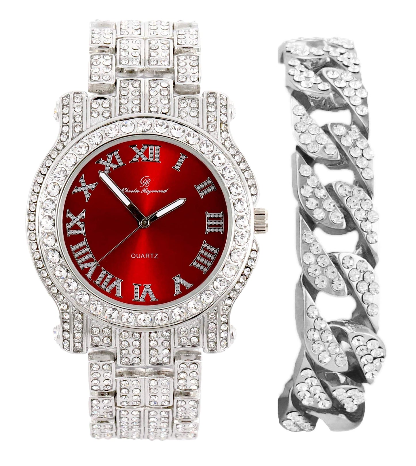 Charles Raymond Bling-ed Out Silver Round Luxury Mens Watch w/Bling-ed Out Bracelet - L0504B