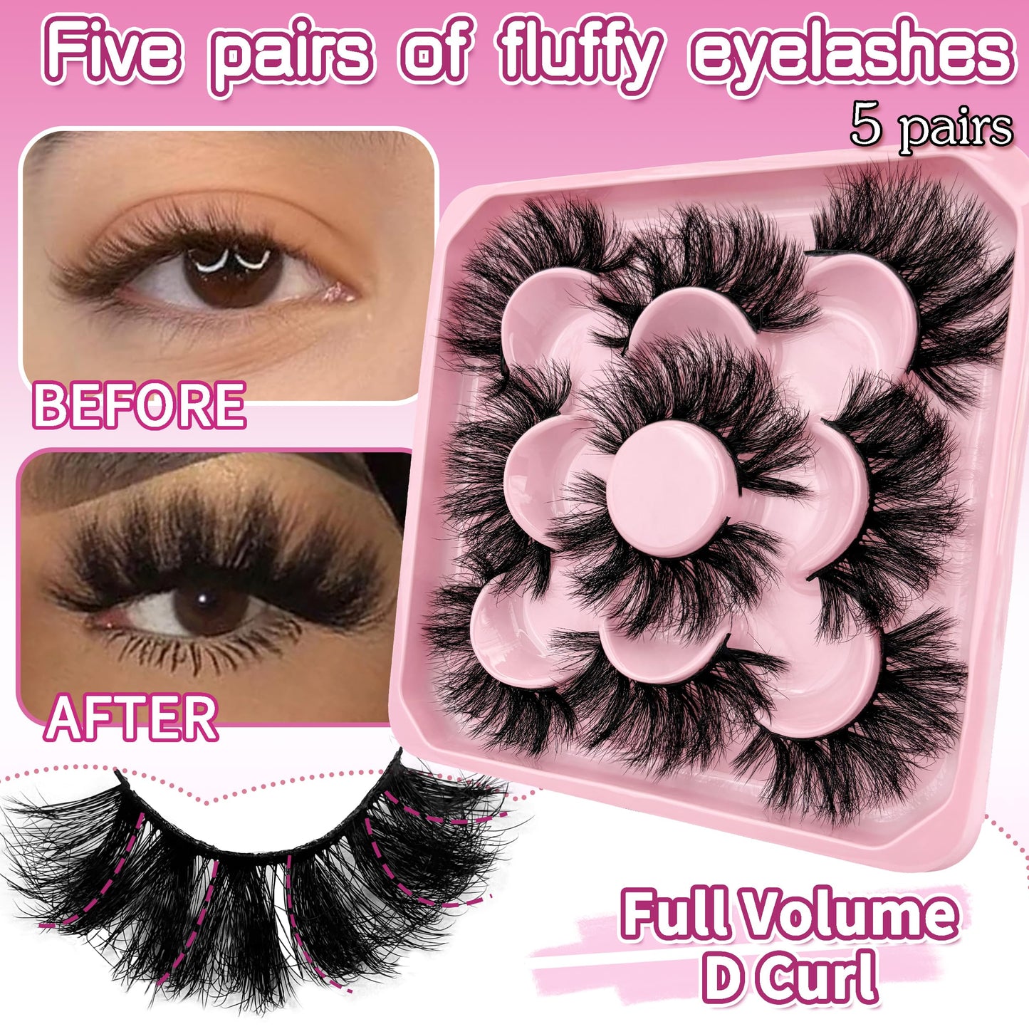 Mink Lashes Strip Eyelashes Volume False Eyelashes that Look Like Extensions Glamour Wispy Curly Fake Lashes 5 Pairs Pack