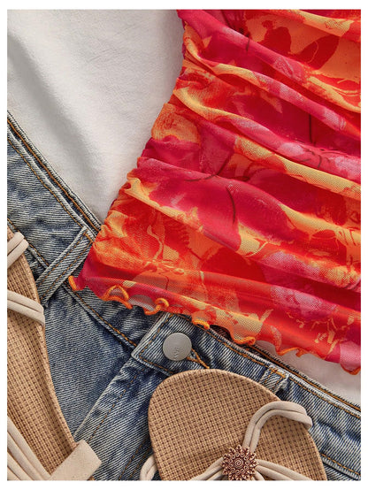 WDIRARA Women's Floral Mesh Tube Top Strapless Ruched Bandeau Summer Vacation Crop Tops