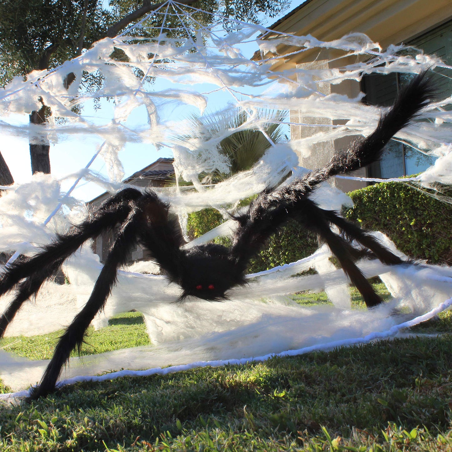 JOYIN Halloween Decoration Outdoor, 59‘’ Giant Spider with Spider Web Outside Decor, Triangular Spiderweb 16.4 x 15.7 ft and Stretchy Cobweb 100g for Yard Haunted House Indoor Decor Supplies