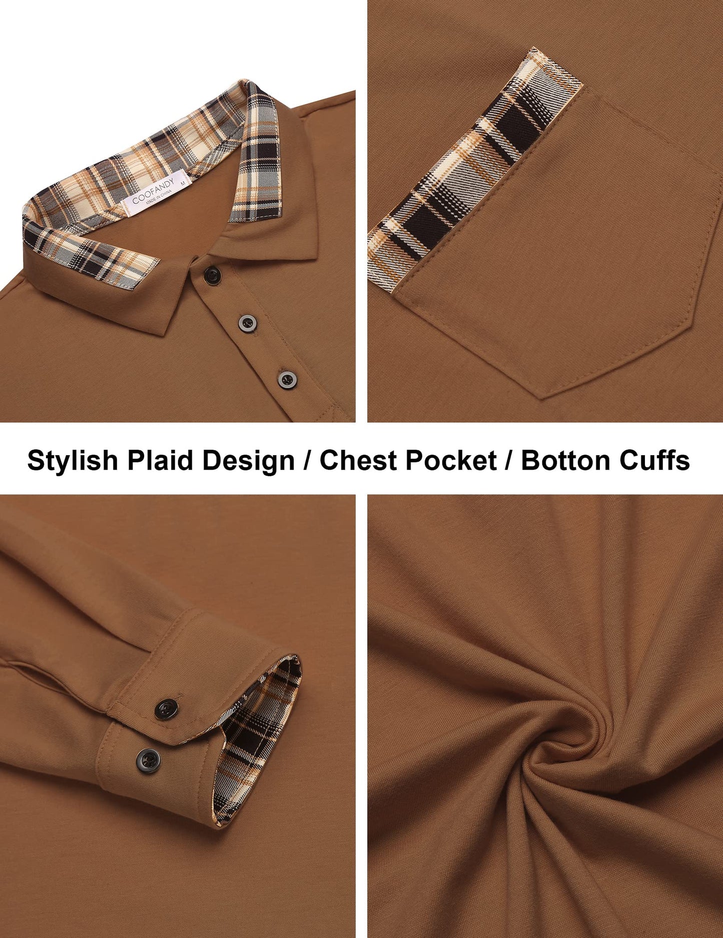 COOFANDY Men's Casual Polo Shirt Long Sleeve Classic Plaid Button Tees with Pockets