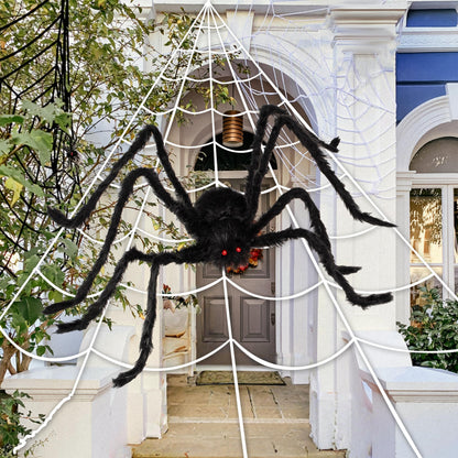 JOYIN Halloween Decoration Outdoor, 59‘’ Giant Spider with Spider Web Outside Decor, Triangular Spiderweb 16.4 x 15.7 ft and Stretchy Cobweb 100g for Yard Haunted House Indoor Decor Supplies