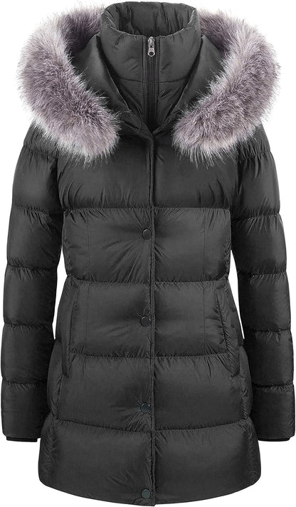 CREATMO US Women's Winter Snow Jacket Long Fur Puffer Coat With Removable Faux Fur Trim