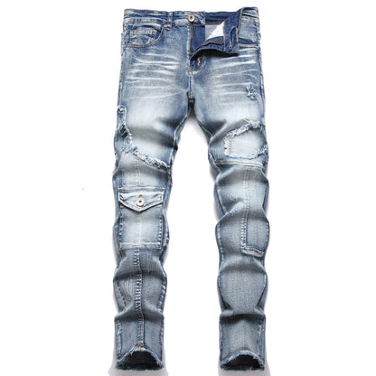 XIMXIMMTIAN Men's Biker Moto Washed Distressed Slim Fit Straight Jeans Denim