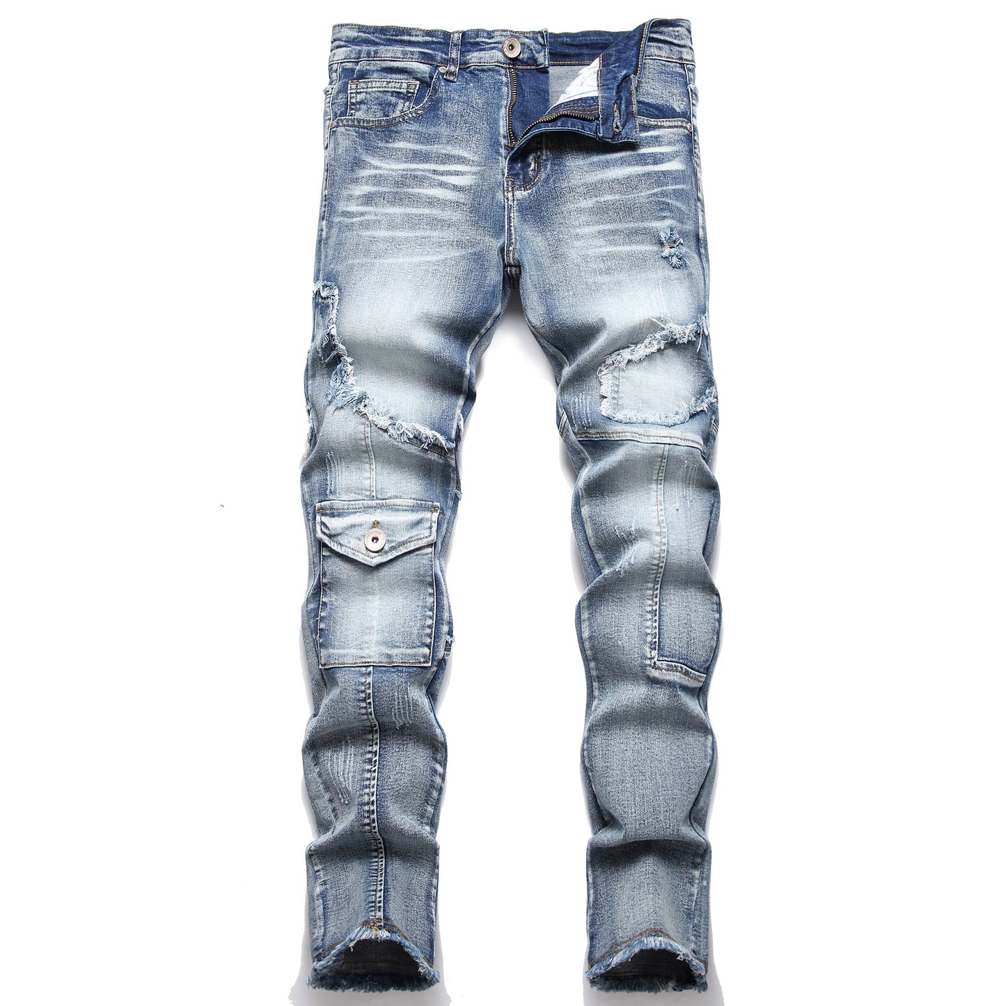 XIMXIMMTIAN Men's Biker Moto Washed Distressed Slim Fit Straight Jeans Denim