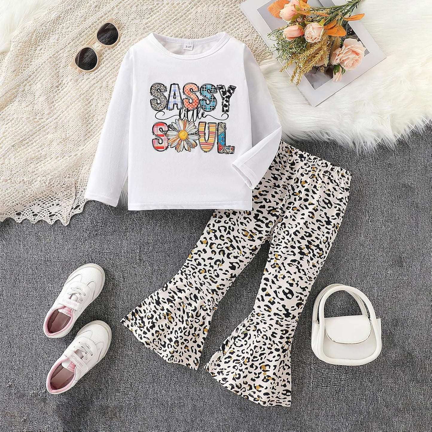 Toddler Girl Clothes Long Sleeve Cartoon & Letter Graphic Top + Fruit Stationery Print Flared Leg Pants
