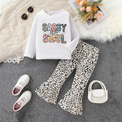 Toddler Girl Clothes Long Sleeve Cartoon & Letter Graphic Top + Fruit Stationery Print Flared Leg Pants