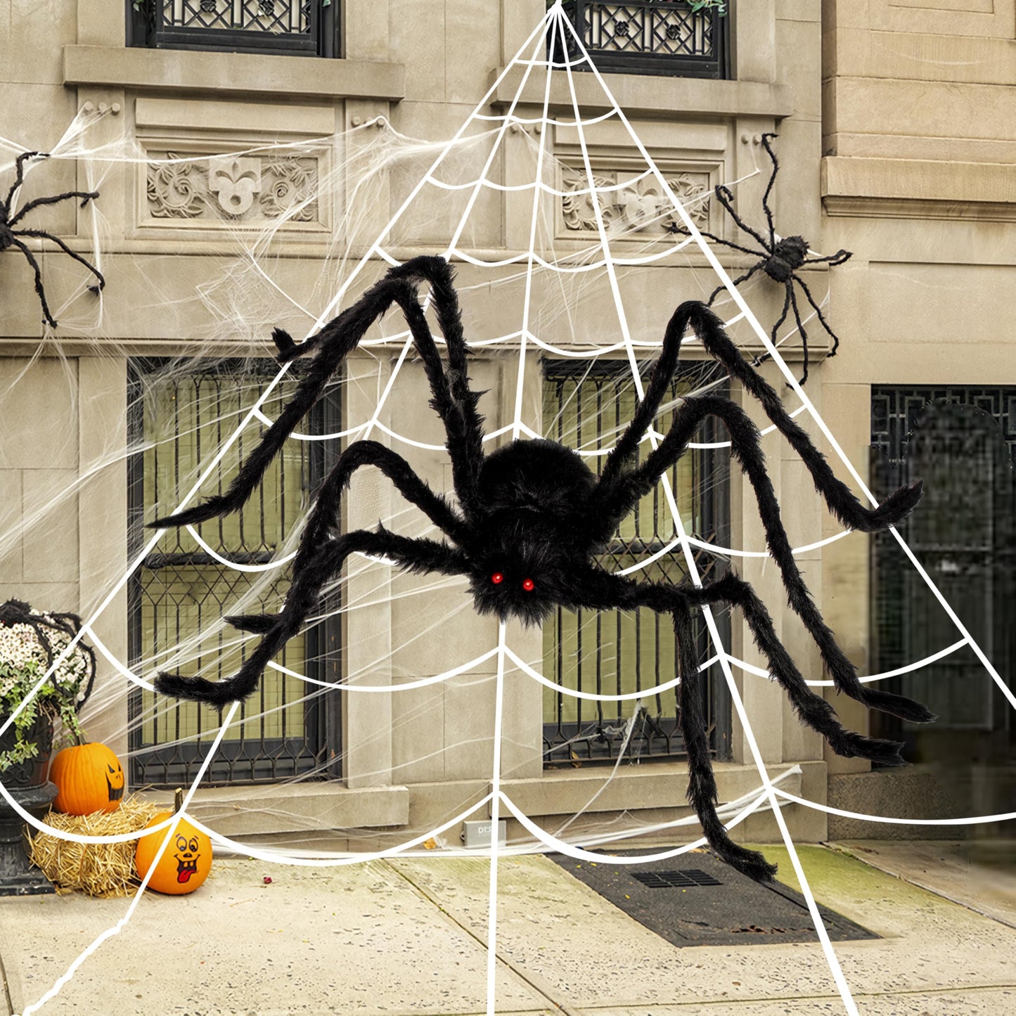 JOYIN Halloween Decoration Outdoor, 59‘’ Giant Spider with Spider Web Outside Decor, Triangular Spiderweb 16.4 x 15.7 ft and Stretchy Cobweb 100g for Yard Haunted House Indoor Decor Supplies
