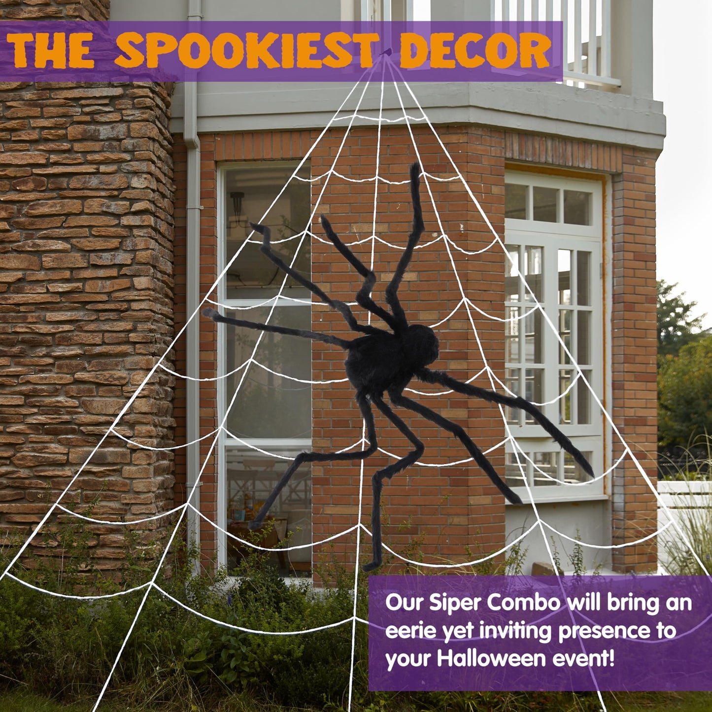 JOYIN Halloween Decoration Outdoor, 59‘’ Giant Spider with Spider Web Outside Decor, Triangular Spiderweb 16.4 x 15.7 ft and Stretchy Cobweb 100g for Yard Haunted House Indoor Decor Supplies