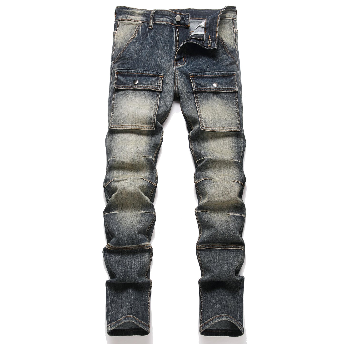 XIMXIMMTIAN Men's Biker Moto Washed Distressed Slim Fit Straight Jeans Denim