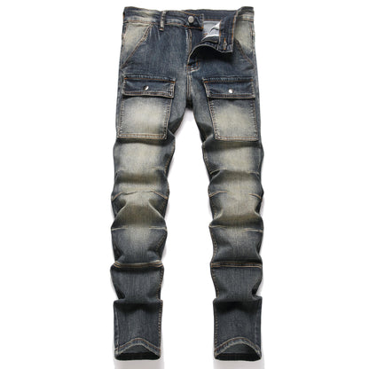 XIMXIMMTIAN Men's Biker Moto Washed Distressed Slim Fit Straight Jeans Denim