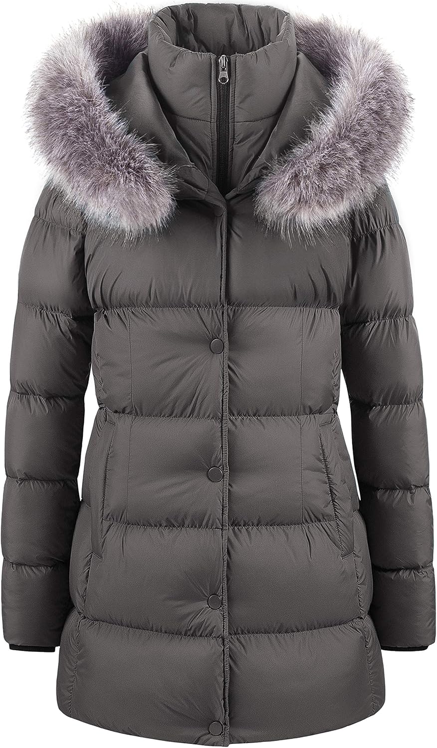CREATMO US Women's Winter Snow Jacket Long Fur Puffer Coat With Removable Faux Fur Trim