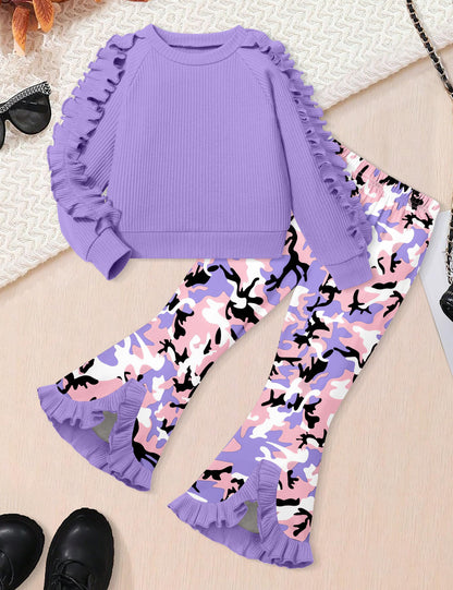 Toddler Girl Clothes Camo Girls Outfits Ruffle Sleeve Tops + Bell Bottom Flared Pants 2 Piece Winter Sweatsuit 2-10T