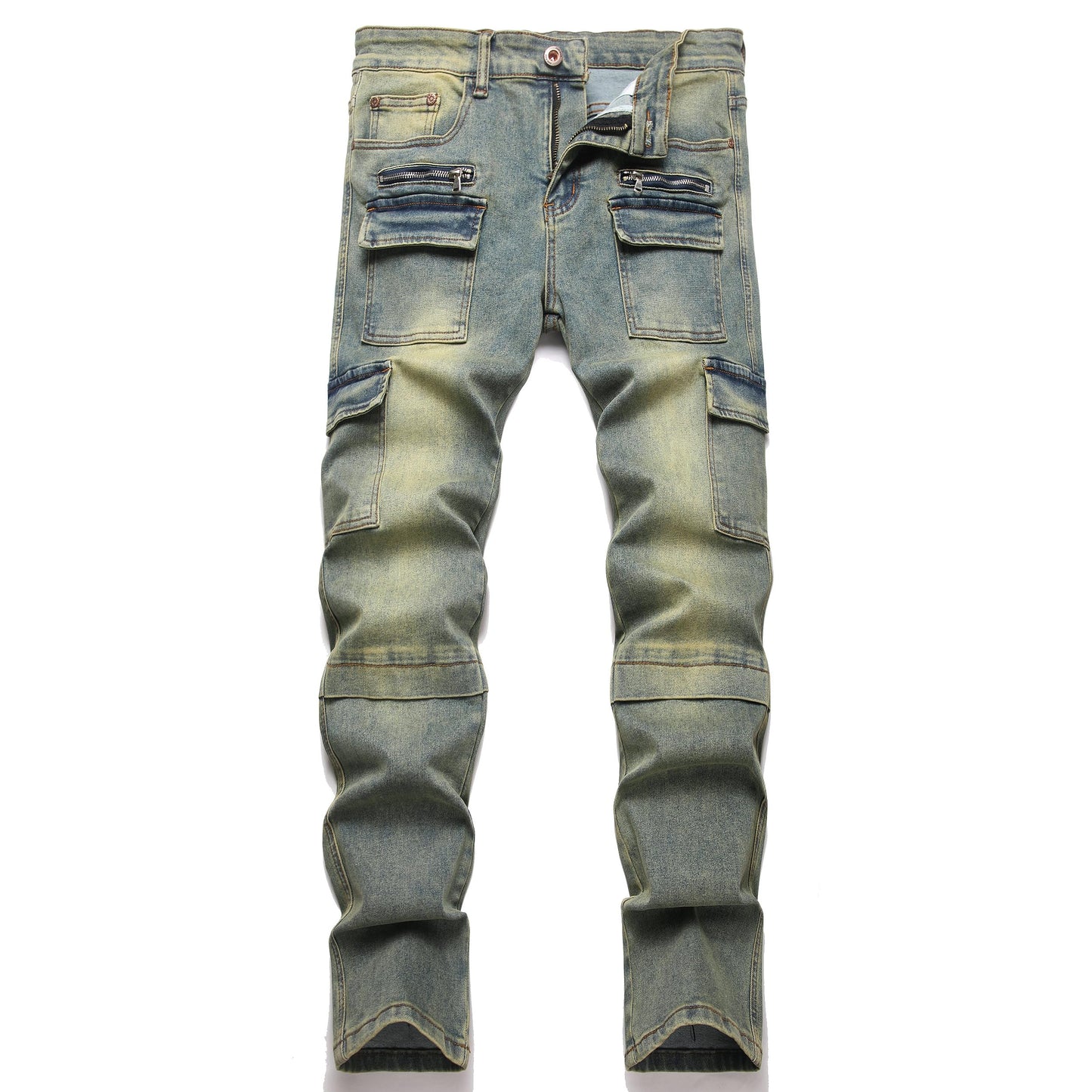 XIMXIMMTIAN Men's Biker Moto Washed Distressed Slim Fit Straight Jeans Denim