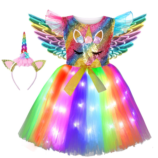 Soyoekbt Girls Unicorn Costume LED Light Up Unicorn Dress Birthday Party Princess Dress for Halloween Party