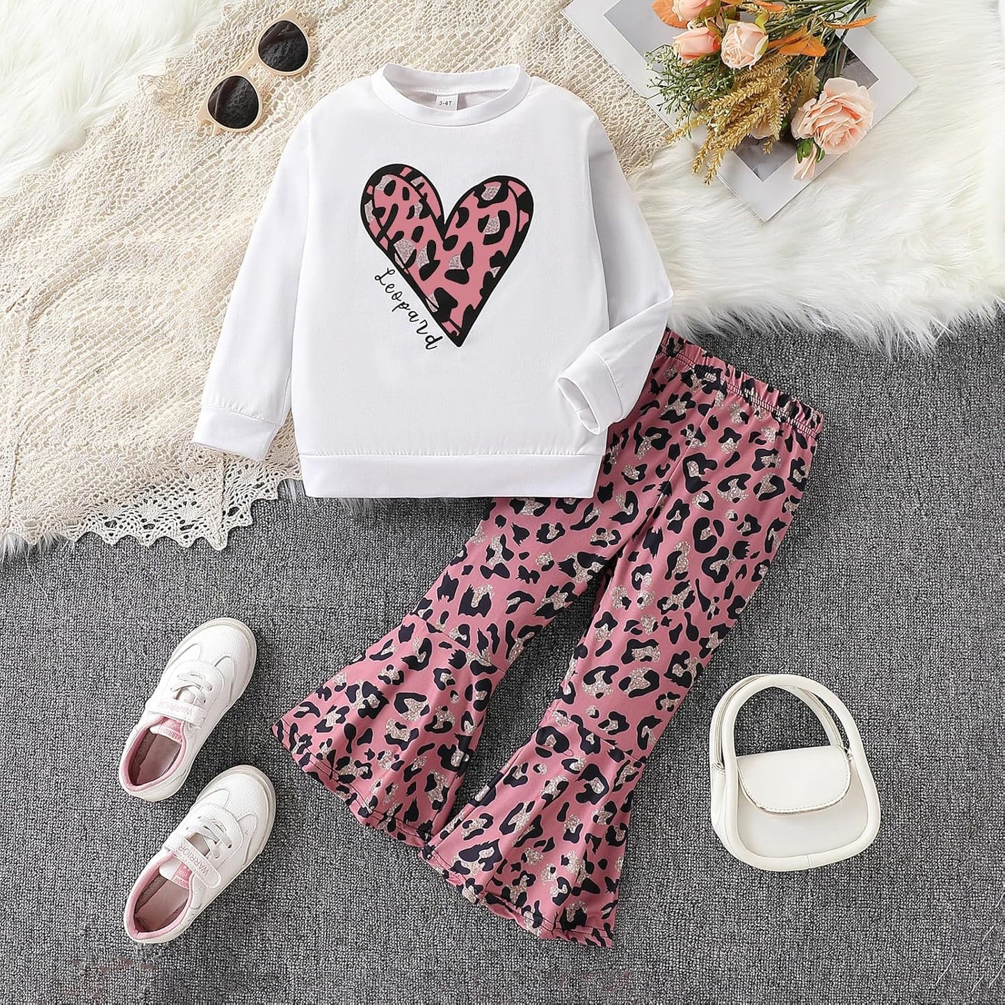 Toddler Girl Clothes Long Sleeve Cartoon & Letter Graphic Top + Fruit Stationery Print Flared Leg Pants
