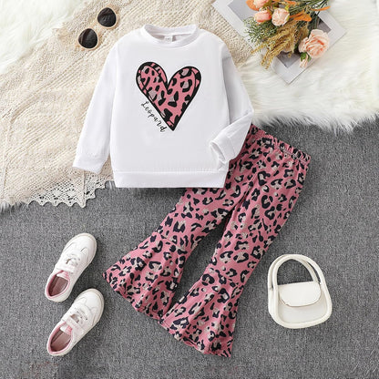 Toddler Girl Clothes Long Sleeve Cartoon & Letter Graphic Top + Fruit Stationery Print Flared Leg Pants