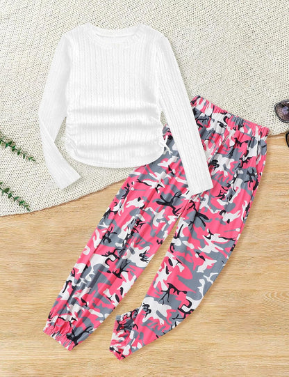 Girls' Clothing Sets Ribbed Knit Crewneck T-Shirt & Camo Print Elastic Waist Pants Girls Clothes Size 6-16Y