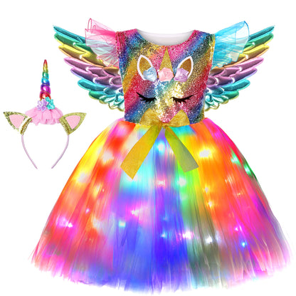 Soyoekbt Girls Unicorn Costume LED Light Up Unicorn Dress Birthday Party Princess Dress for Halloween Party