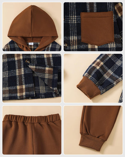 Boys Clothes Fall Winter Outfits, Toddler Boy Sweatsuit Plaid Hoodie Pants Clothing Set For Kids Boys Size 5-12 Years