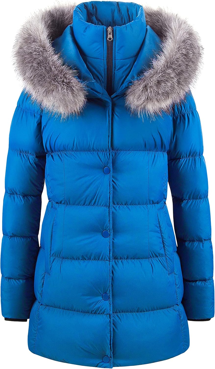 CREATMO US Women's Winter Snow Jacket Long Fur Puffer Coat With Removable Faux Fur Trim