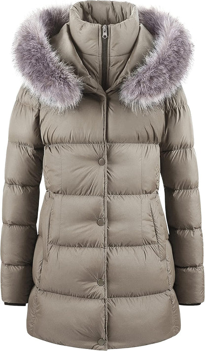 CREATMO US Women's Winter Snow Jacket Long Fur Puffer Coat With Removable Faux Fur Trim