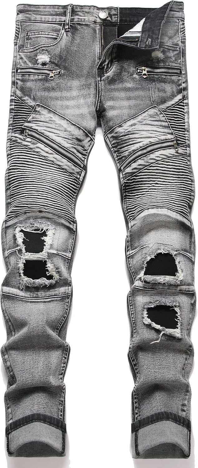 RXXKKK Men's Classic Zipper Biker Regular Fit Flex Jean