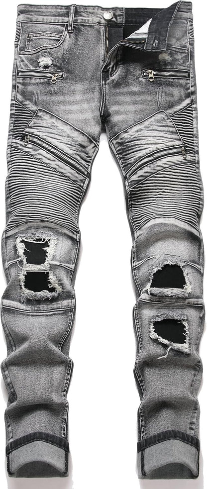 RXXKKK Men's Classic Zipper Biker Regular Fit Flex Jean