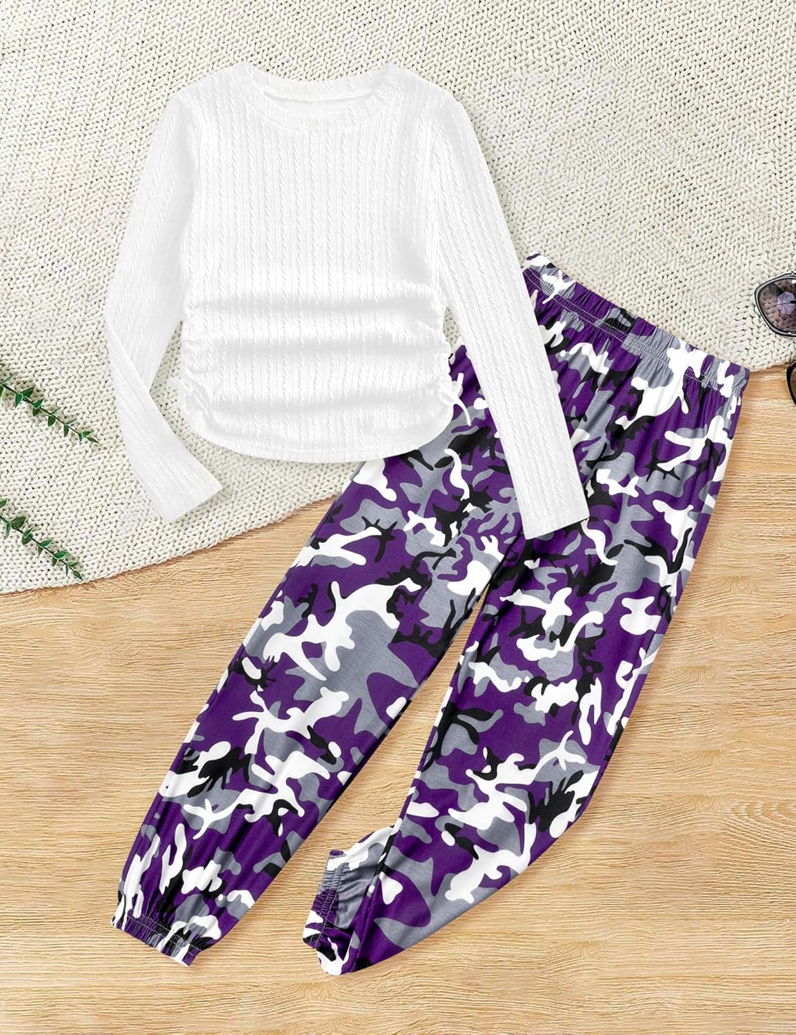 Girls' Clothing Sets Ribbed Knit Crewneck T-Shirt & Camo Print Elastic Waist Pants Girls Clothes Size 6-16Y