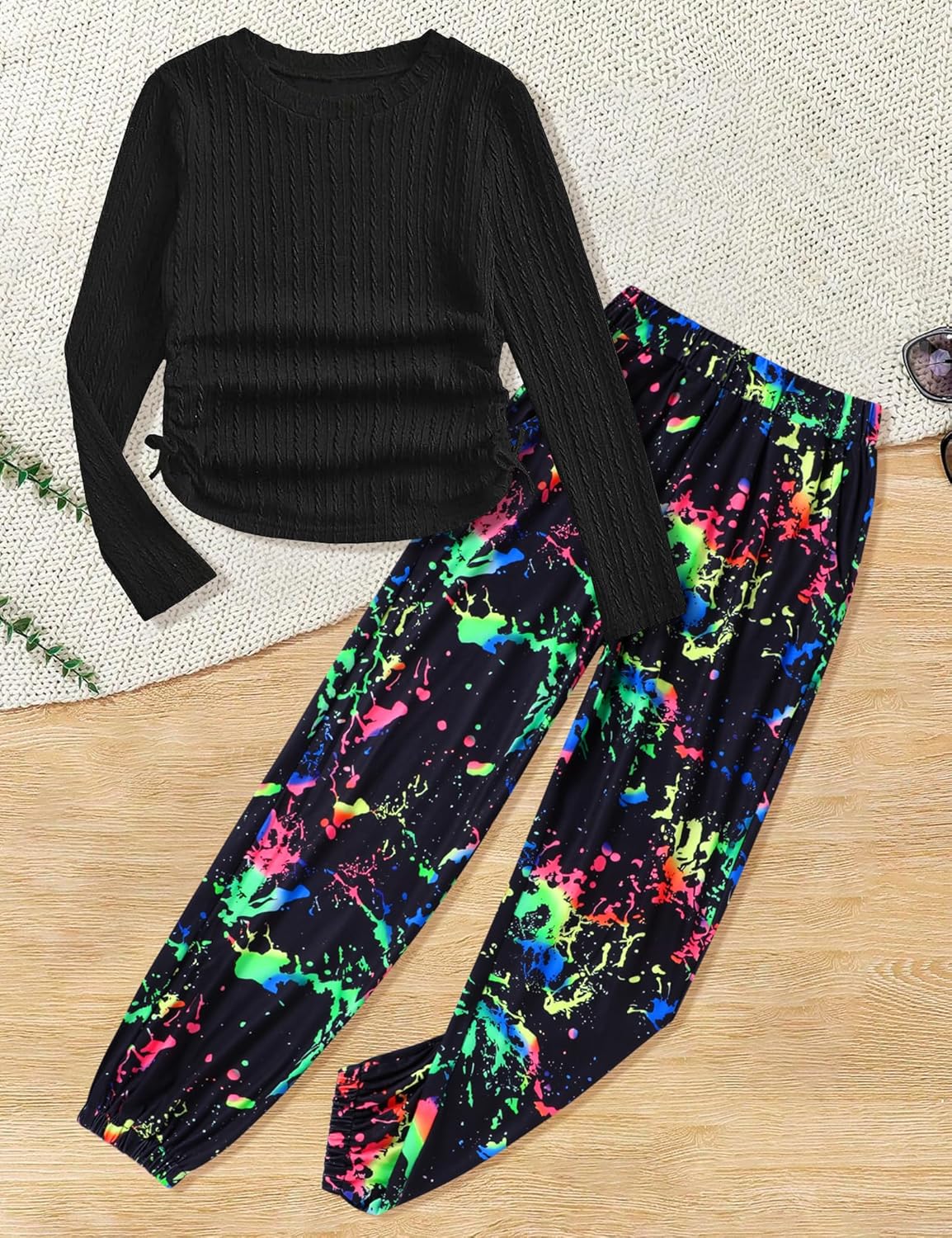 Girls' Clothing Sets Ribbed Knit Crewneck T-Shirt & Camo Print Elastic Waist Pants Girls Clothes Size 6-16Y