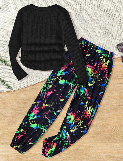 Girls' Clothing Sets Ribbed Knit Crewneck T-Shirt & Camo Print Elastic Waist Pants Girls Clothes Size 6-16Y