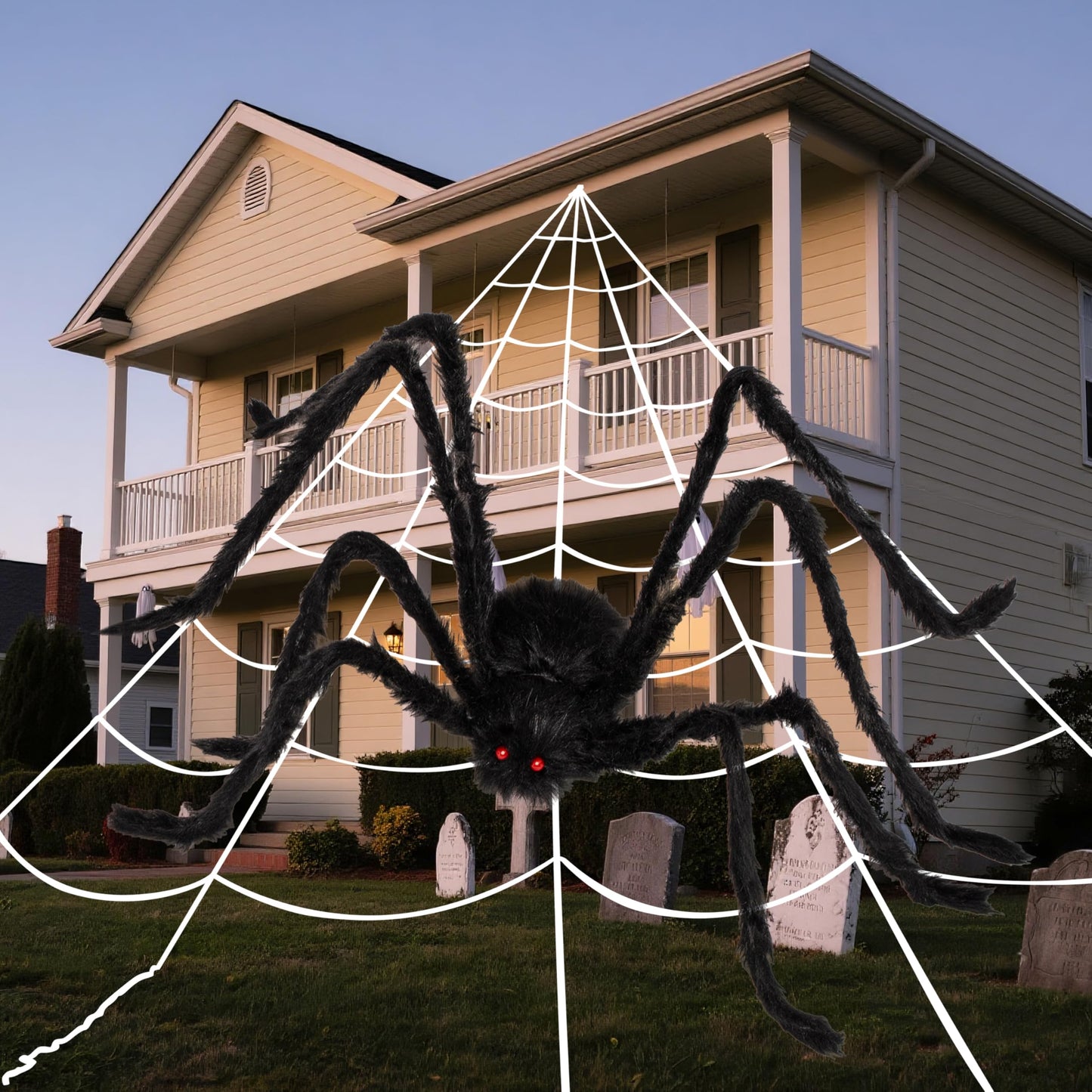 JOYIN Halloween Decoration Outdoor, 59‘’ Giant Spider with Spider Web Outside Decor, Triangular Spiderweb 16.4 x 15.7 ft and Stretchy Cobweb 100g for Yard Haunted House Indoor Decor Supplies