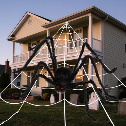 JOYIN Halloween Decoration Outdoor, 59‘’ Giant Spider with Spider Web Outside Decor, Triangular Spiderweb 16.4 x 15.7 ft and Stretchy Cobweb 100g for Yard Haunted House Indoor Decor Supplies