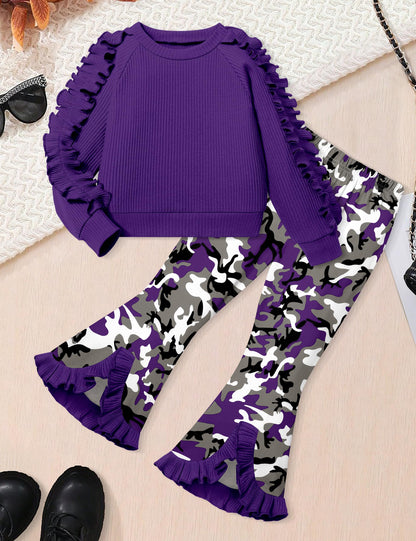 Toddler Girl Clothes Camo Girls Outfits Ruffle Sleeve Tops + Bell Bottom Flared Pants 2 Piece Winter Sweatsuit 2-10T