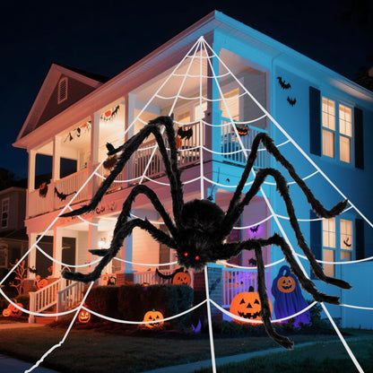 JOYIN Halloween Decoration Outdoor, 59‘’ Giant Spider with Spider Web Outside Decor, Triangular Spiderweb 16.4 x 15.7 ft and Stretchy Cobweb 100g for Yard Haunted House Indoor Decor Supplies