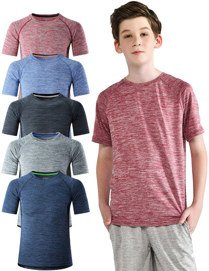 5 Pack Boys Athletic Shirts, Youth Activewear Dry Fit Tshirts for Kids, Short Sleeve Tees, Bulk Athletic Performance Clothing