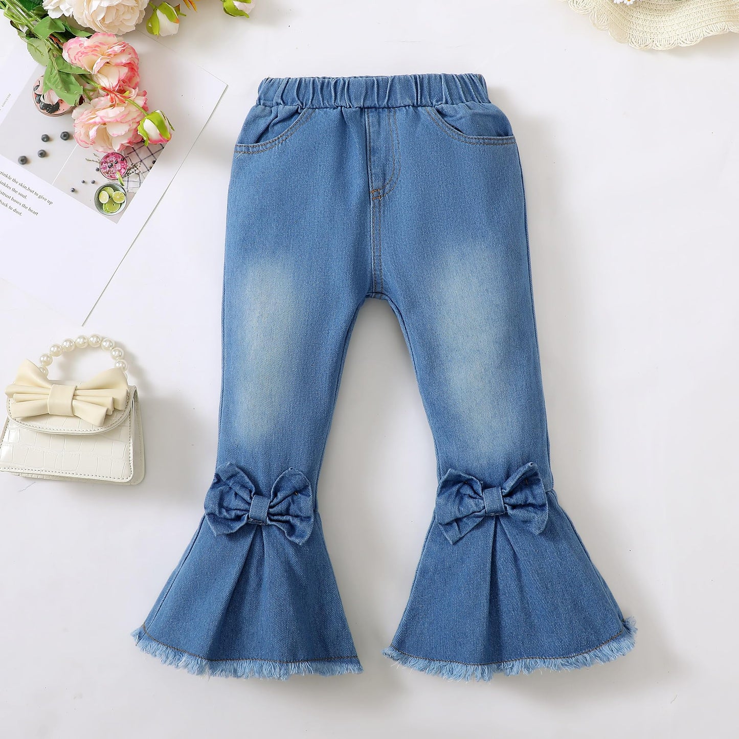 Kucnuzki Toddler Kids Girls Clothes Short Sleeve Shirt Top Flare Denim Jeans 2 Piece Outfits For Girls Cute Clothing Set